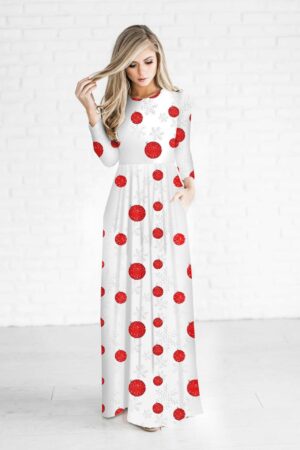 Christmas Dresses - Long Sleeves Red Dots Printed Dress