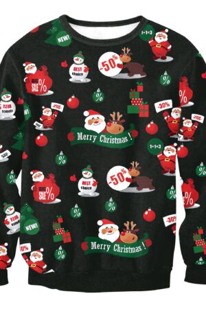 Christmas Sweatshirts - Santa Claus and Deer Icon Cute Black 3D Sweatshirt