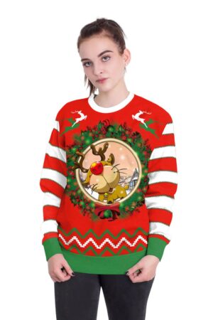 Christmas Sweatshirts - Super Cute Cartoon Deer Icon Red 3D Sweatshirt