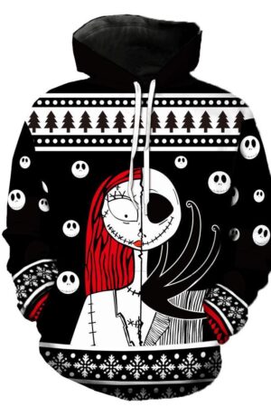 Nightmare Before Christmas Jack And Sally Hoodies - Nightmare Before Christmas Hoodies - Knitting Pattern 3D Ugly Christmas Hoodie