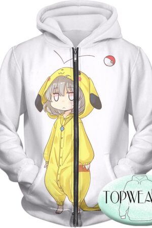 Pokemon Hoodies - Cool Pokemon Pikachu White 3D Zip Up Hoodie