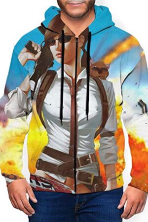 PUBG Hoodies - 3D Print Game Playerunknown's Battlegrounds Female Character Pullover with Pockets Bright Blue and Yellow