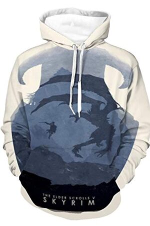 THE ELDER SCROLLS Hoodies - Skyrim Dragon Blue and White Pullover Drawstring Hoodie with Pocket