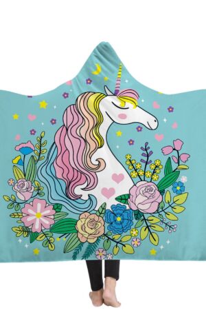 Unicorn Hooded Blanket - Colorful Flower Blue Blanket
