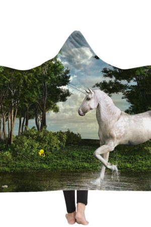 Unicorn Hooded Blankets - Unicorn Series White Unicorn Fantasy Forest Fleece Hooded Blanket
