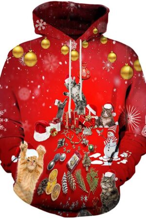 Unisex Xmas Ugly Sweatshirt Realistic 3D Funny Cat Hoodie