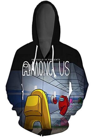 Video Game Among Us Hooded Jacket - 3D Print Black Drawstring Zip Up Hoodie