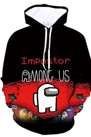 Video Game Among Us Hoodie - 3D Print Black Impostor Among Us Drawstring Pullover Sweatshirt with Pocket