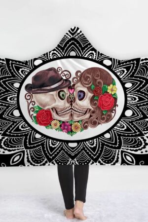 Vintage Sugar Skull Couple Hooded Blanket - Cut Skull Blanket
