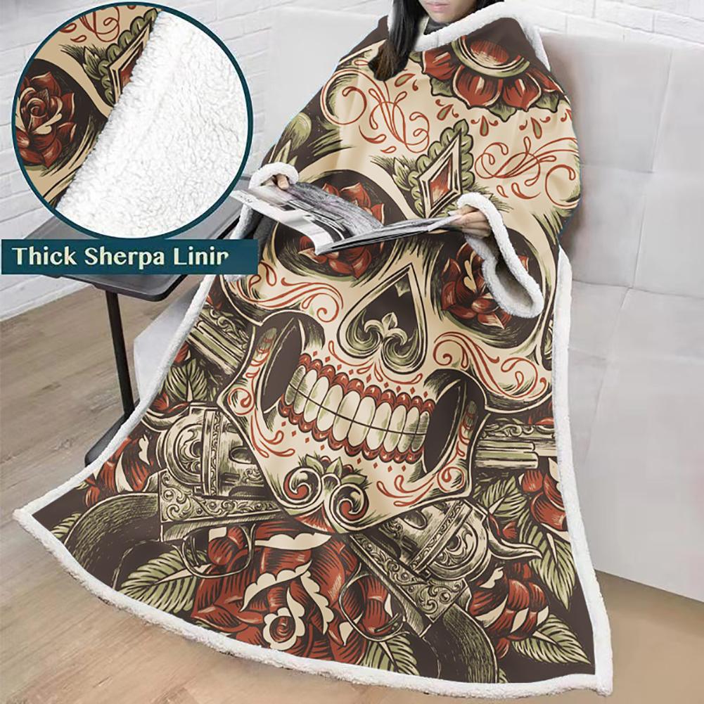 3D Digital Printed Skull Blanket With Sleeves-Horror Blanket Robe - Image 3