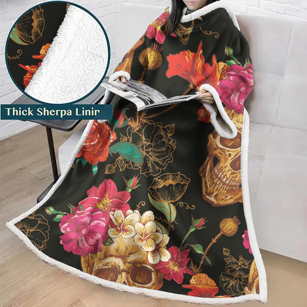 3D Digital Printed Skull Blanket With Sleeves-Horror Blanket Robe - Image 15
