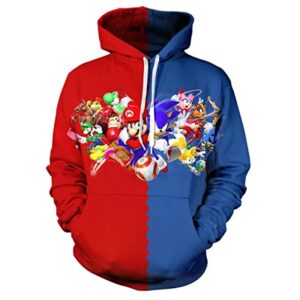 Cartoon Games Sonic Hoodie - Super Mario and Sonic the Hedgehog Red and Blue 3D Print Pullover Hooded Sweatshirt