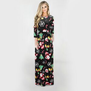Christmas Dresses - Long Sleeves Santa Claus Printed Mix Dress