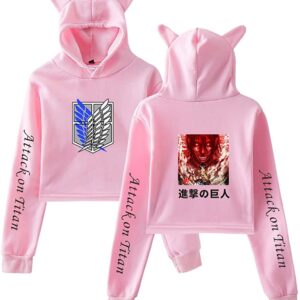 New Anime Attack on Titan Crop Top Hoodie Sweatshirt Cute Women Teen Girls Cat Ear Cropped Pullover Hoodies Sweaters
