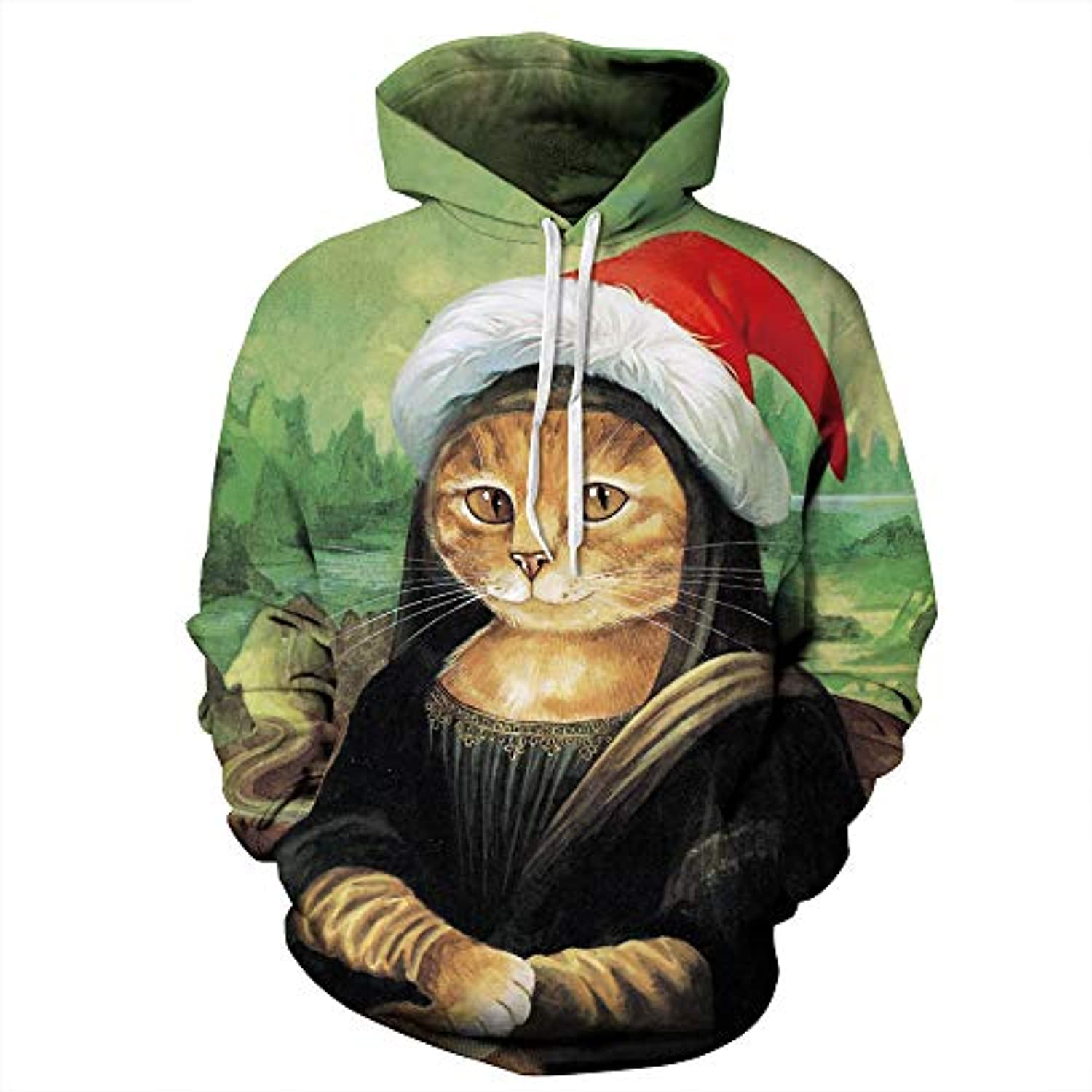 Unisex Ugly Christmas Sweater Funny Mona Lisa Cat Plus Size Pullover Hoodie XL-4XL - Image 2