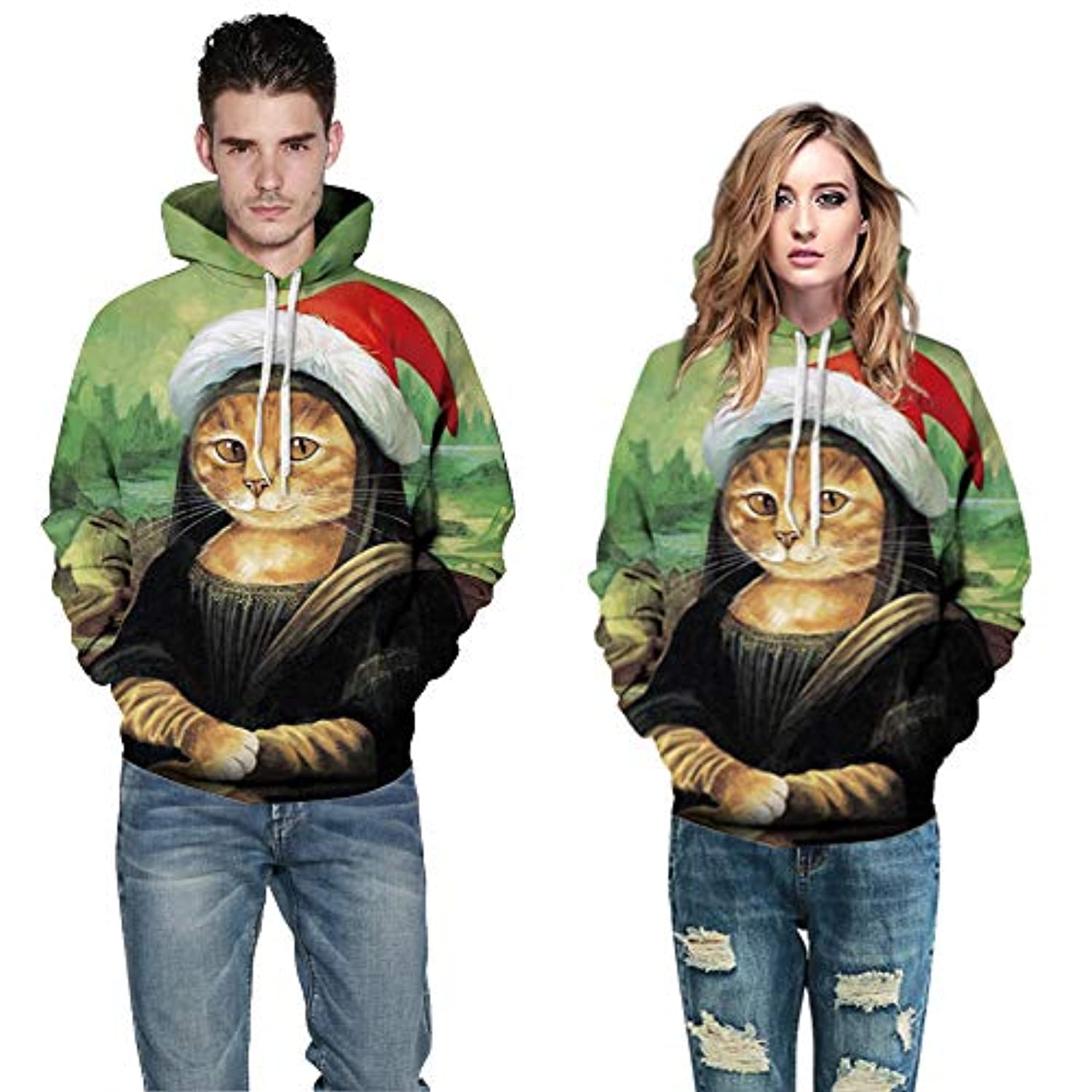 Unisex Ugly Christmas Sweater Funny Mona Lisa Cat Plus Size Pullover Hoodie XL-4XL - Image 4