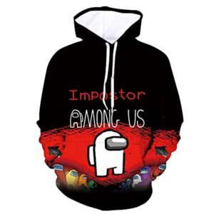 Video Game Among Us Hoodie - 3D Print Black Impostor Among Us Drawstring Pullover Sweatshirt with Pocket